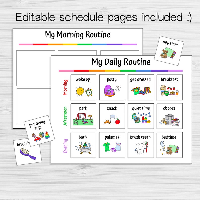 May include: A printable daily routine chart for kids with colorful illustrations of activities like wake up, potty, get dressed, breakfast, park, snack, quiet time, chores, bath, pajamas, brush teeth, and bedtime. The chart is divided into three sections: morning, afternoon, and evening.