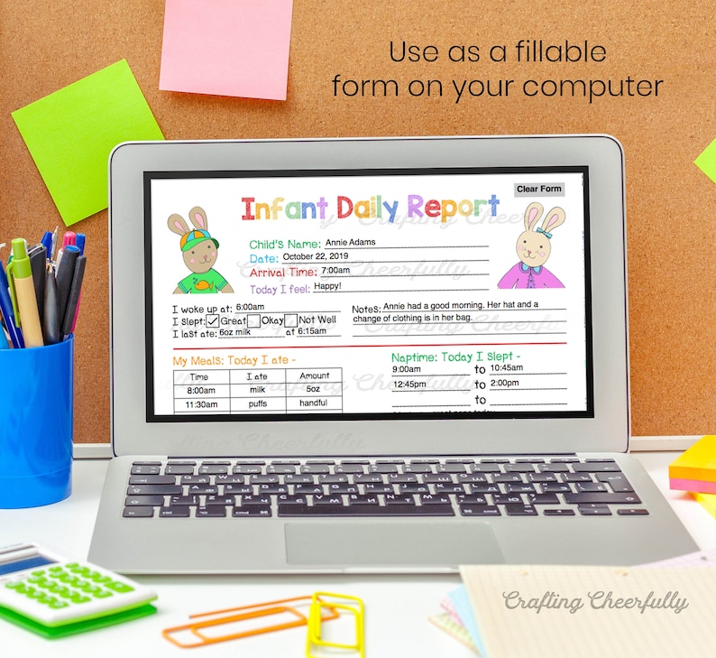 May include: A printable infant daily report form with a cartoon bunny illustration. The form includes sections for recording the child's name, date, arrival time, how the child is feeling, wake-up time, sleep quality, last meal, meal times, and nap times.