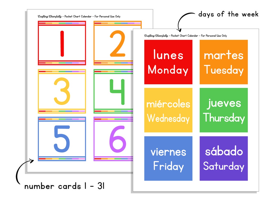 Dual Language Spanish and English Pocket Chart Calendar Printables ...