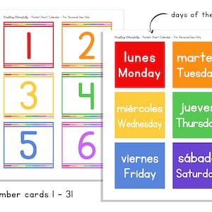 May include: Colorful number cards 1 through 6 and days of the week cards in Spanish and English. The cards are red, orange, yellow, green, blue, and purple.