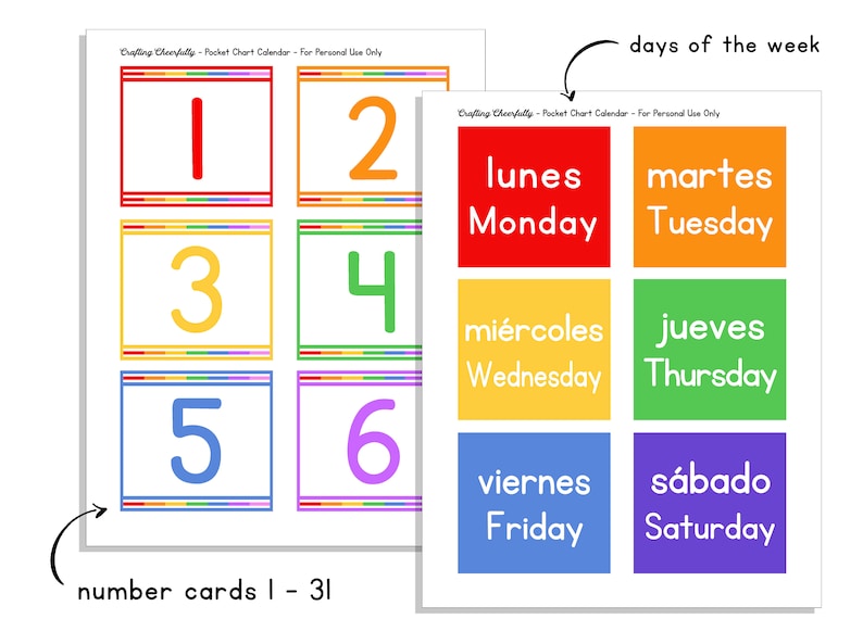 May include: Colorful number cards 1 through 6 and days of the week cards in Spanish and English. The cards are red, orange, yellow, green, blue, and purple.