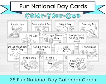Fun National Day Calendar Cards - Coloring Pages - Children's Calendar - Instant Digital Download