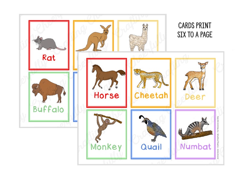 May include: A set of nine colourful flashcards featuring different animals, including a rat, buffalo, horse, cheetah, deer, monkey, quail, and numbat. Each card has a simple illustration of the animal and the name of the animal printed below the image. The text "CARDS PRINT SIX TO A PAGE" is printed at the top of the page.