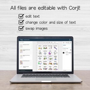 May include: A laptop computer screen displaying a Corjl design template for daily routine cards. The template features colorful illustrations of activities like getting dressed, brushing teeth, and eating breakfast. The text on the screen reads "All files are editable with Corjl!" and lists features like "edit text", "change color and size of text", and "swap images".