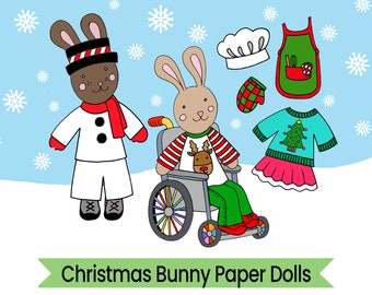 Christmas Bunny Paper Dolls - Druckbare Papierpuppen - Digital Download