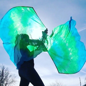 Spin flags. Hand dyed silk flags in blues and greens. Made To Order. Flow Props for festivals!