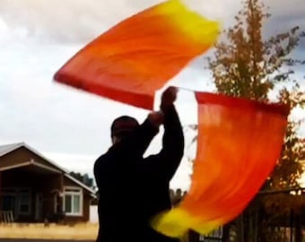Flag Poi with Swivel Handles. Hand Dyed 100% Silk in the UV glow colors of fire.