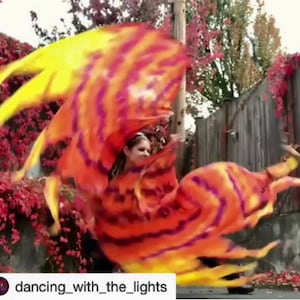 Hand dyed UV glow silk spin flags Standard Sized with flame tips