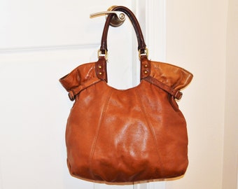 Vintage Light Brown Leather Handbag: Lucky Brand Shoulder Bag, Boho Hippie Style Tote Purse