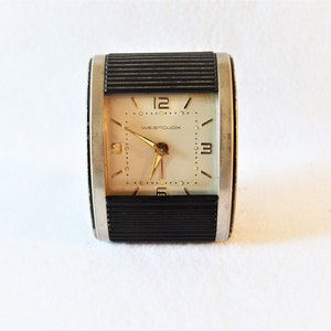 Westclox Travel Alarm Clock Wind Up Slide Flip Roll Top Art Deco Mid Century 1950&#39;s White Silver Black Owned Business Shop