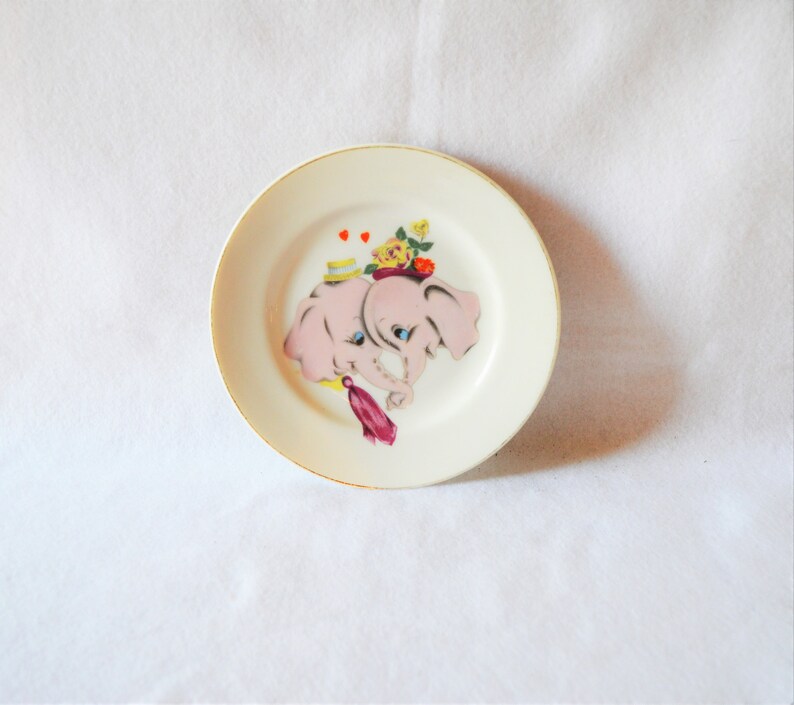 Kissing Pink Elephants Plate Wall Art Decor Ring Jewelry Dish Tray Heart Valentine Dumbo Kids Room Made in Japan Porcelain China Decorative