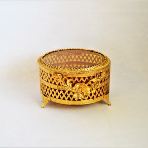 Matson Casket Jewelry Box Casket French Ormolu Brass Filigree Beveled Amber Glass Gold Black Owned Business Shop