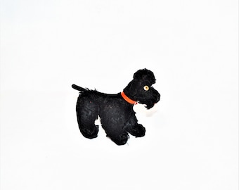 Christmas Black Steiff Poodle Toy Stuffed Animal Snobby Schnauzer Dog Scottish Terrier Jointed with Red Collar German Maker Mid Century