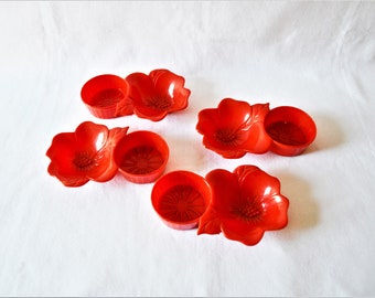 Hawajskie naczynia do serwowania tiki z połowy XX wieku z bakelitu: zestaw czerwonych misek Rockabilly Luau