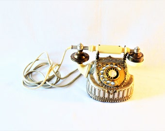 Vintage Gold and White Rotary Phone: Fancy Dial -Up French Telephone