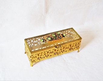 Jeweled Glass Jewelry Box Ormolu French Rectangle Casket Brass Gold Filigree Vanity Table Trinket Ring Green Rhinestones Black Own Business