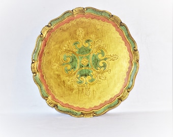 Large Florentine Tray Gold Peach Pink Green Wood Carved Round Wooden Italian Serving Rococo Style Victorian Gilded Black Owned Business Shop