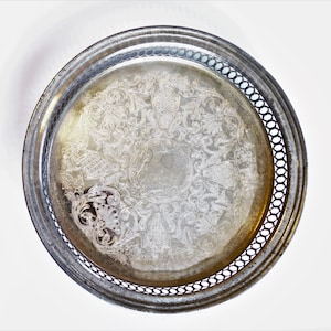 Round Silver Tray Small Serving Engraved Fleur de Lis Victorian Vine Design Etched Black Owned Business Shop