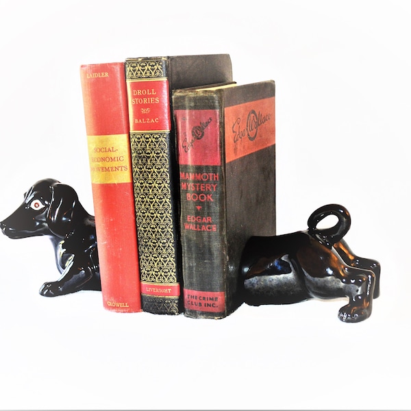 Set di fermalibri per cani bassotto, figurine Weiner Hund, nero, vintage, metà secolo, in terracotta, in ceramica, cuccioli, da collezione, di proprietà, negozio aziendale