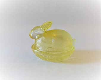 Easter Bunny Dish Vaseline Glass Rabbit Covered Butter Carnival Yellow Pastel Pressed Country Kitchen Decor Nest Candy Black Owned Business