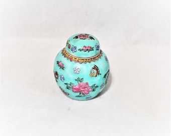 Small Floral Ginger Jar Urn Covered Vase Chinese Asian Dragon Flower Porcelain Turquoise Blue Fuchsia Pink Black Owned Business Shop