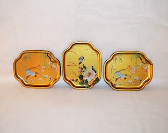 Small Gold Tray Floral Change Ring Japanese Nature Scene Birds Flowers Trees Set of 3 Mid Century Black Owned Business Shop