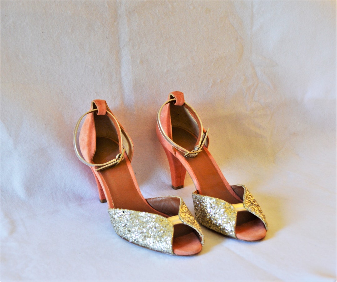 Glitter Gold Shoes Wedding High Heel Dance Shoes Gold Peach Pink Suede