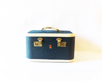 Vintage Blue and White Train Case: Navy & Red Toiletry Bag, Mid-Century Luggage