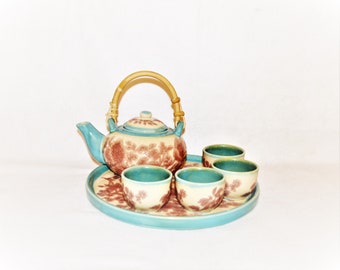 Floral Teapot Set Turquoise Blue Pink Japanese Crazed Crackled Cherry Blossem Pattern Pier One "Fiona" Pink and Aqua Black Owned Business