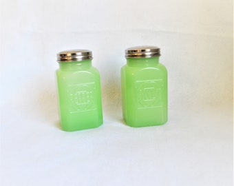 Jadeite Salt Pepper Shakers Green Mid-Century Country 1950's Kitchen Decor Black Owned Business Shop