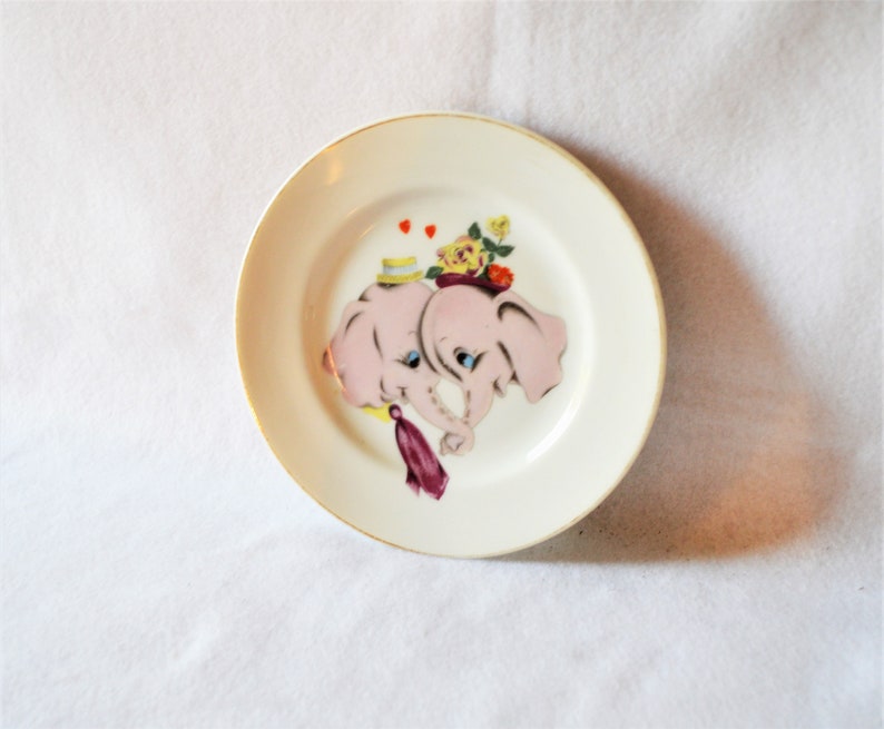 Kissing Pink Elephants Plate Wall Art Decor Ring Jewelry Dish Tray Heart Valentine Dumbo Kids Room Made in Japan Porcelain China Decorative