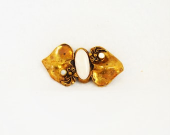Art Deco Opal Brooch: Gold Floral Leaf Lapel Pin