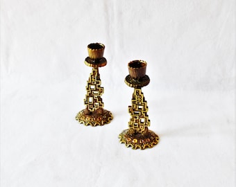 Brutalist Style Brass Menorah Candleholders: Israeli Abada Jewish Art