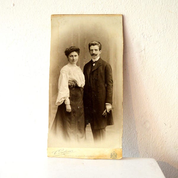 Black White Wedding Photo Family Cabinet Card Portrait Photography Couple Victorian European Sepia 1900's Old Fashioned Ephemera Era