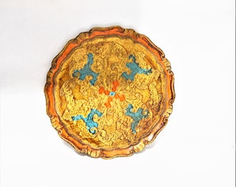 Medium Florentine Tray Gold Pea Turquoise Blue Wood Carved Round Wooden Italian Serving Rococo Style Victorian Gilded Black Owned Business