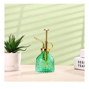 Green Glass Plant Mister Sprayer Pump Watering Can Gold Clear Food Container