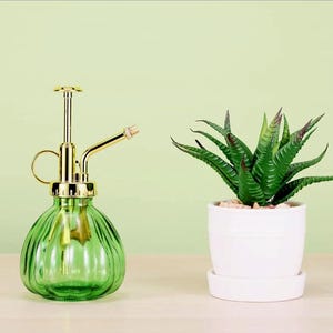 Vintage Plant Mister Green Gold Glass Sprayer Pump Watering Can Dispenser Container