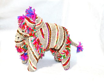 Large Elephant Figurine Weaved Textile Handmade with Neon Color Tassels Indian African Indonesian Black Owned Business Shop