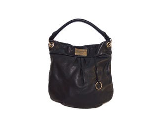 Marc Jacobs Black Leather Handbag: Work Wear Designer Shoulder Bag, Grainy Texture Purse