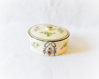 Floral Covered Dish Ring Tray Powder Box Art Deco Japanese Majolica Handmade Ceramic Container Vanity Table Decor Black Owned Business Shop