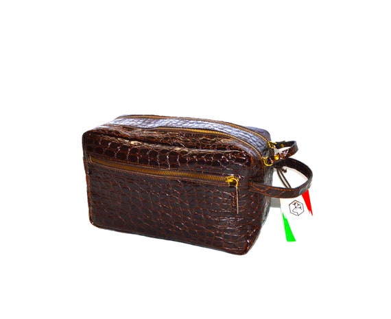 Vintage Leather Men s Toiletry Bag Grooming Travel Kit Brown Train Case Embossed Croc Crocodile Mid Century Valentina in Pell Made Italy Etsy
