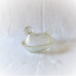 Glass Chicken Dish Covered Butter White Clear Vaseline Carnival Pressed Country Kitchen Decor Nest Candy Bowl Hen Black Owned Business Shop