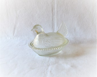 Glass Chicken Dish Covered Butter White Clear Vaseline Carnival Pressed Country Kitchen Decor Nest Candy Bowl Hen Black Owned Business Shop