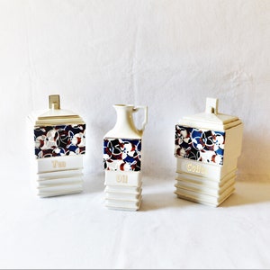 Kitchen Canister Set Porcelain Art Deco Picasso Style Design Coffee Oil Tea Made Germany European White Blue Red Black Owned Business Shop