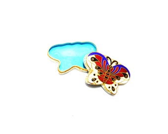 Vintage Cloisonné Butterfly Pill Box: Chinese Trinket Ring Box, Pillbox