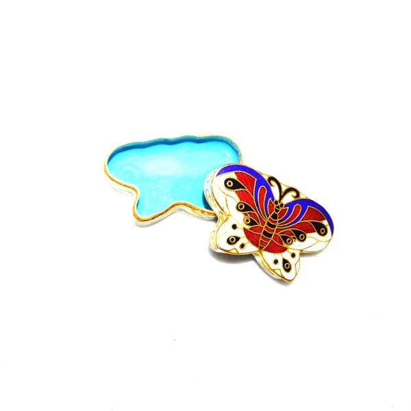 Butterfly Pill Box Cloisonné Vintage Antique Chinese Blue Gold Brass Enamel Trinket Ring Pillbox Black Owned Business Shop