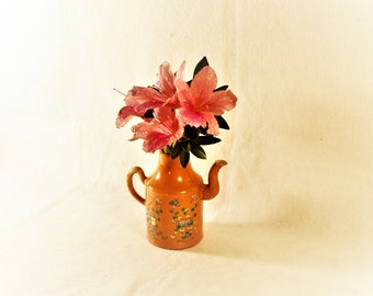 Japanese Floral Vase Pottery Creamer Small Kyoto Japan Cherry Blossom Asian Ceramics Spring Colors Bright Orange Black Owned Business Shop