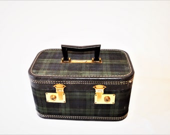 Men's Train Case Plaid Navy Blue Green Tartan Leeds Make-Up Bag Toiletry Vanity Overnight Luggage Carry On Storage Box Cosmetic Black Owned