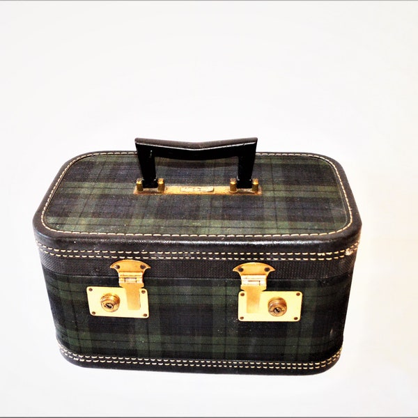 Men's Train Case Plaid Navy Blue Green Tartan Leeds Make-Up Bag Toiletry Vanity Overnight Luggage Carry On Storage Box Cosmetic Black Owned