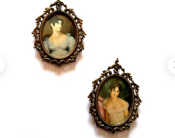 Vintage Royal Maiden Portraits: Ornate Gold Brass Oval Frames, Set of 2